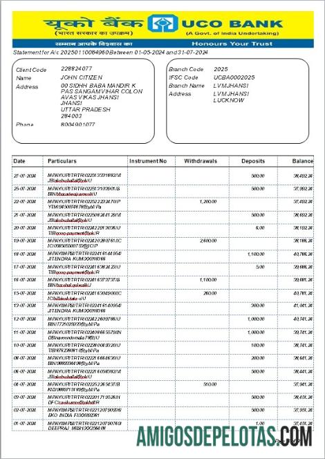 modelo de extrato bancário INDIA UCO em branco, formato Word e PDF, versão 2